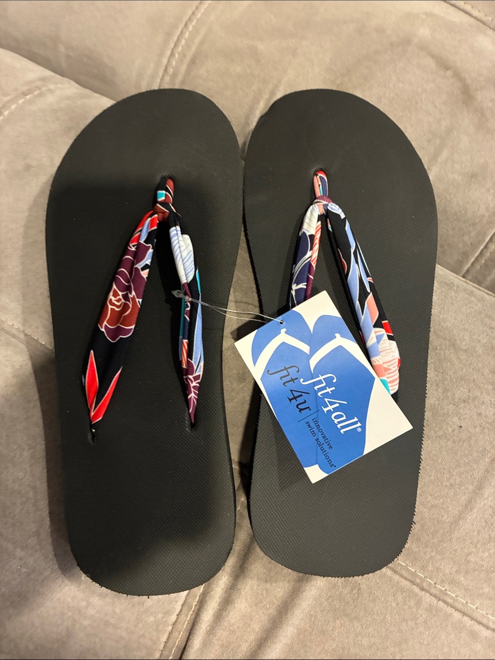 Womans Black Flip Flops with Multicolor Fabric Straps